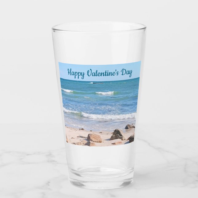 Blue Ocean Shore Valentines Day Beach One Photo Glass (Front)