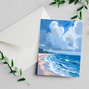 Blue Ocean Shore Watercolor Painting Card