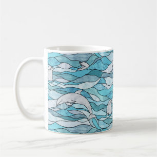 Blue Ocean Stained Glass Dolphins Coffee Mug