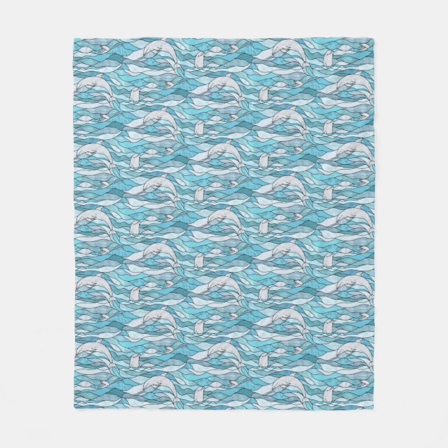 Blue Ocean Stained Glass Dolphins Fleece Blanket (Front)