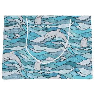 Blue Ocean Stained Glass Dolphins Large Gift Bag