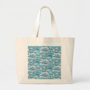 Blue Ocean Stained Glass Dolphins Large Tote Bag