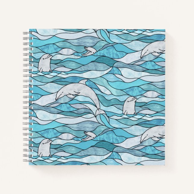 Blue Ocean Stained Glass Dolphins Notebook (Front)