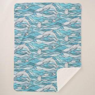 Blue Ocean Stained Glass Dolphins Sherpa Blanket