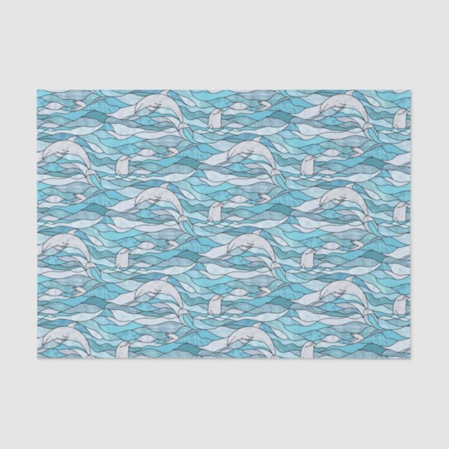 Blue Ocean Stained Glass Dolphins Tissue Paper (Front)