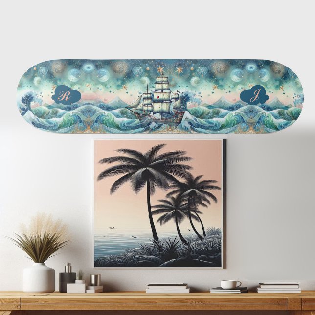 Blue Ocean Storm Ship Initials Monogram Whimsical Skateboard (Blue Ocean Storm Ship Initials Monogram Whimsical Skateboard)