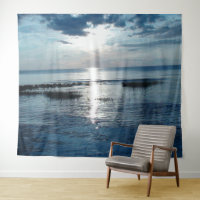 Blue Ocean Sunset Billowing Clouds Tapestry