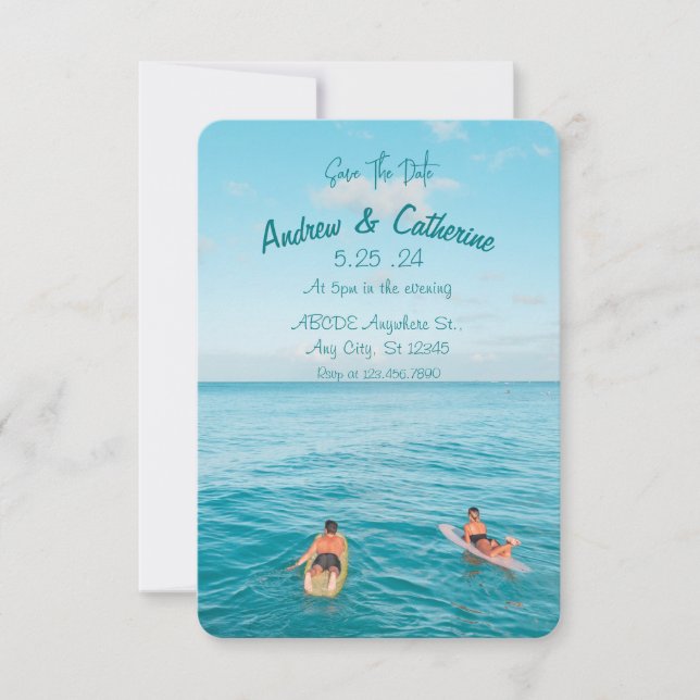Blue ocean surfer modern wedding invitation (Front)