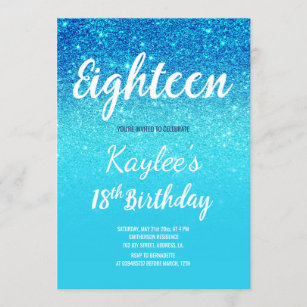 Blue ocean teal glitter ombre 18th Birthday Invitation