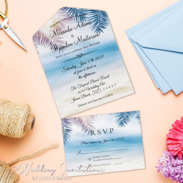 Blue Ocean Tropical Summer Palm Beach Wedding All In One Invitation (Creator Uploaded)