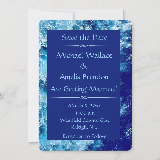 Blue Ocean Water Wedding Save the Date Card (Front)