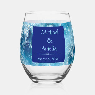 Blue Ocean Water Wedding Stemless Wine Glass