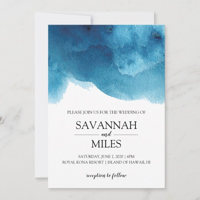 Blue Ocean Watercolor Modern Wedding Invitation (Front)