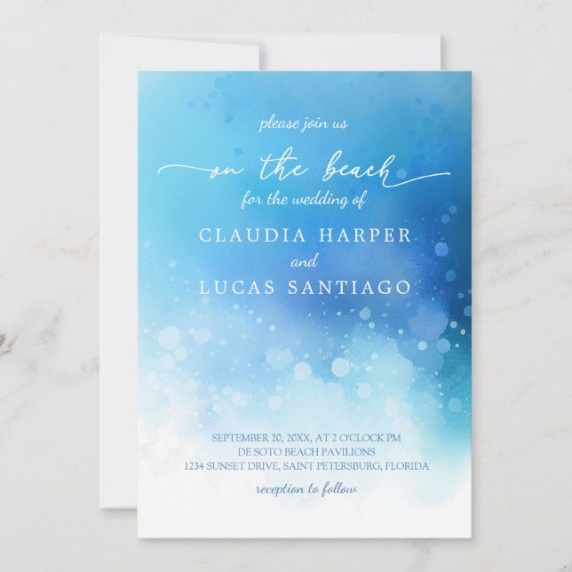 Blue Ocean Watercolor Wedding Invitation (Front)