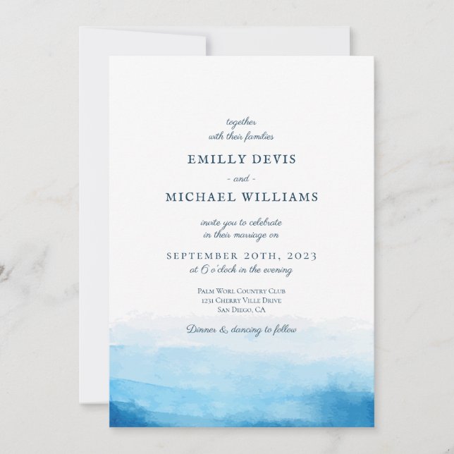 Blue Ocean Watercolor Wedding Invitation (Front)