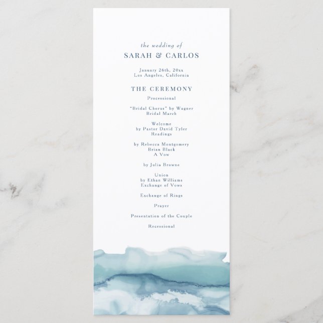 Blue Ocean Watercolor Wedding Program Menu (Front)