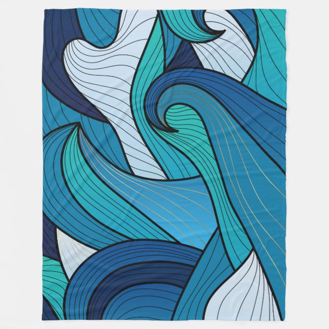 Blue Ocean Wave Abstract Line Art Design Fleece Blanket (Front)