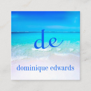 Blue Ocean Wave Beach Scene Modern Monogram Square Square Business Card