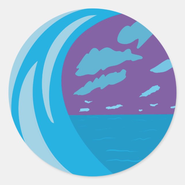 Blue ocean wave clouds purple sky classic round sticker (Front)