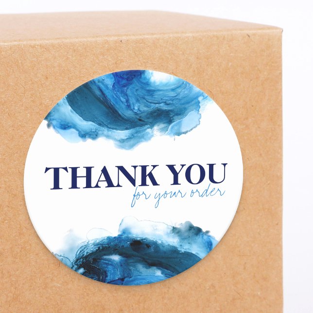 Blue Ocean Waves Abstract Small Business Thank You Classic Round Sticker (Creator Uploaded)