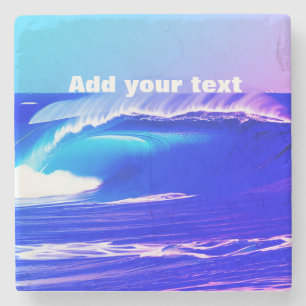 Blue ocean waves add your text pink water ai art stone coaster