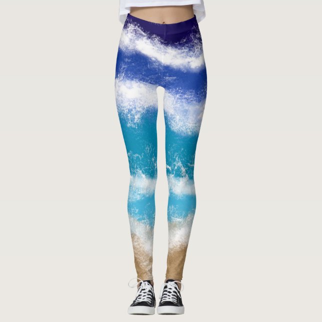 Blue Ocean Waves and Sandy Beach Leggings (Front)