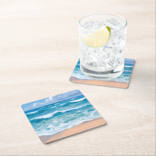 Blue Ocean Waves Beach Sea Watercolor Art Square Paper Coaster
