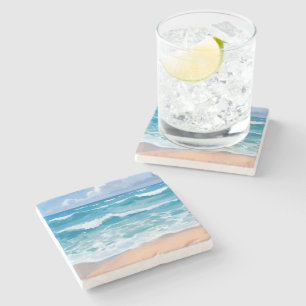 Blue Ocean Waves   Beach Sea Watercolor Art Stone Coaster