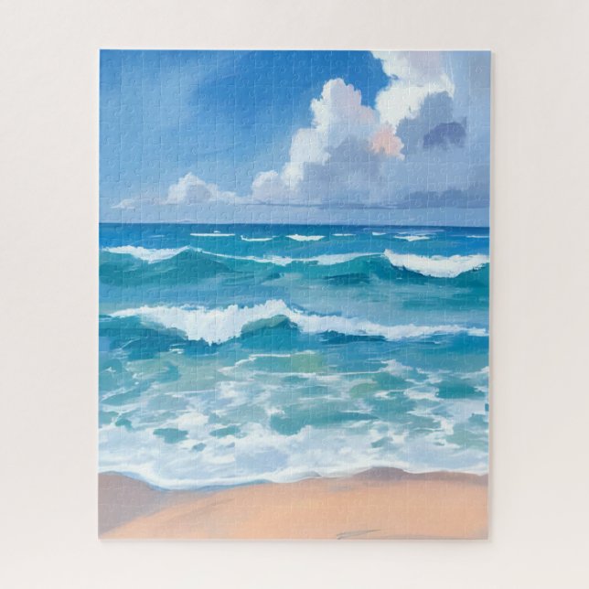 Blue Ocean Waves | Beach Sea Watercolor  Jigsaw Puzzle (Vertical)