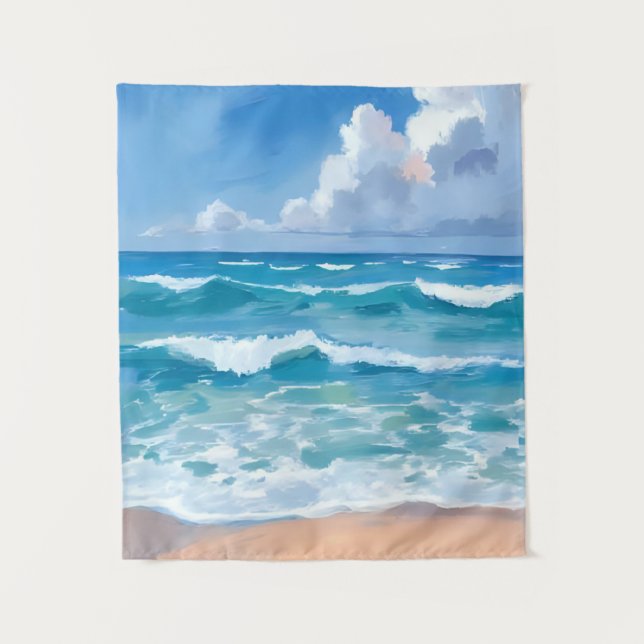 Blue Ocean Waves | Beach Sea Watercolor  Tapestry (Front)