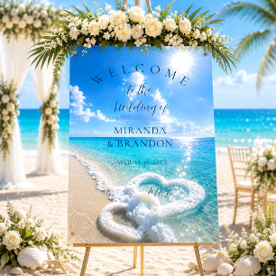 Blue Ocean Waves Hearts Acrylic Wedding Sign