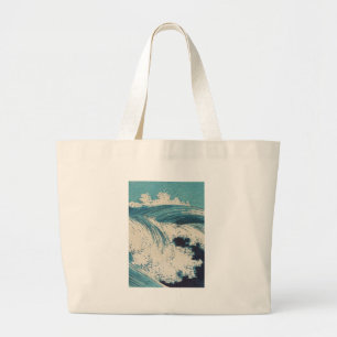 Blue Ocean Waves Japanese Woodcut Large Tote Bag