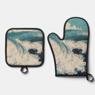 Blue Ocean Waves Japanese Woodcut  Oven Mitt & Pot Holder Set