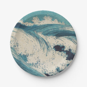 Blue Ocean Waves Japanese Woodcut  Paper Plate