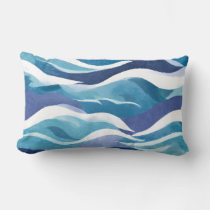 Blue Ocean Waves Modern Simplistic Watercolor Lumbar Cushion