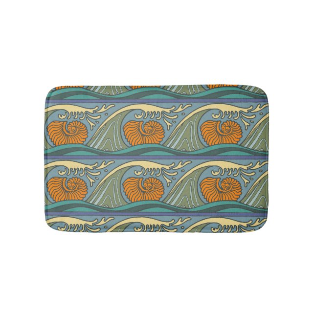 Blue Ocean Waves Nautilus Seashell Pattern Nouveau Bath Mat (Front)