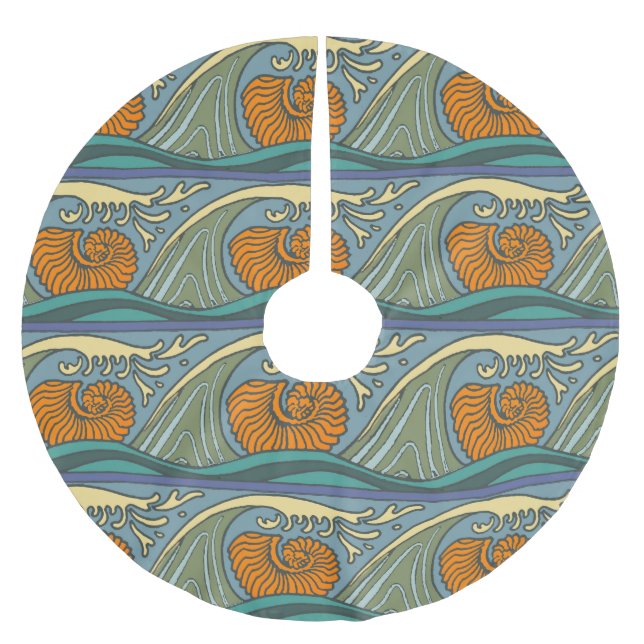 Blue Ocean Waves Nautilus Seashell Pattern Nouveau Brushed Polyester Tree Skirt (Front)