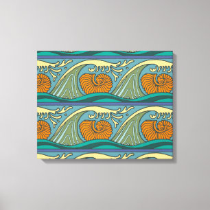 Blue Ocean Waves Nautilus Seashell Pattern Nouveau Canvas Print