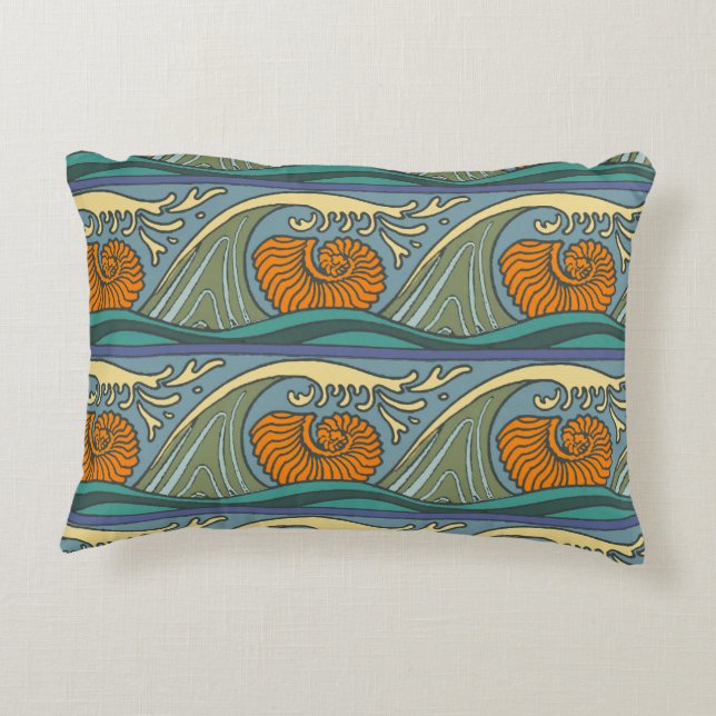 Blue Ocean Waves Nautilus Seashell Pattern Nouveau Decorative Cushion (Back)