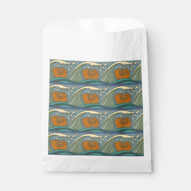 Blue Ocean Waves Nautilus Seashell Pattern Nouveau Favour Bags (Front)