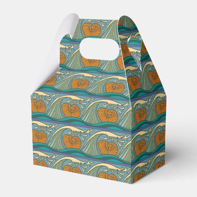 Blue Ocean Waves Nautilus Seashell Pattern Nouveau Favour Box (Front Side)