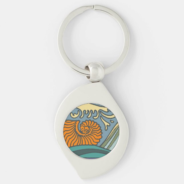 Blue Ocean Waves Nautilus Seashell Pattern Nouveau Key Ring (Front)