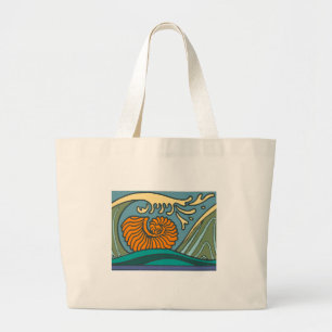 Blue Ocean Waves Nautilus Seashell Pattern Nouveau Large Tote Bag