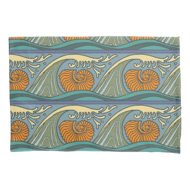 Blue Ocean Waves Nautilus Seashell Pattern Nouveau Pillowcase (Front)