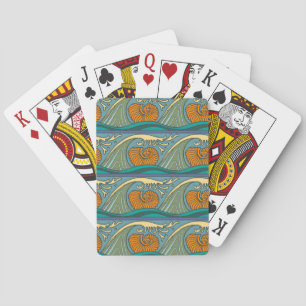 Blue Ocean Waves Nautilus Seashell Pattern Nouveau Playing Cards