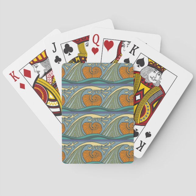 Blue Ocean Waves Nautilus Seashell Pattern Nouveau Playing Cards (Back)