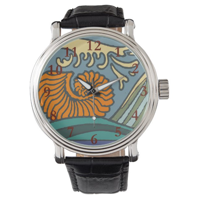 Blue Ocean Waves Nautilus Seashell Pattern Nouveau Watch (Front)