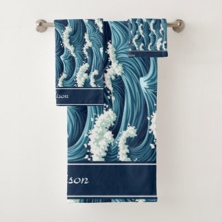 Blue Ocean waves pattern custom name Bath Towel Set