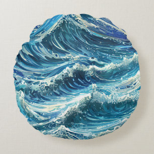 Blue Ocean Waves Round Cushion