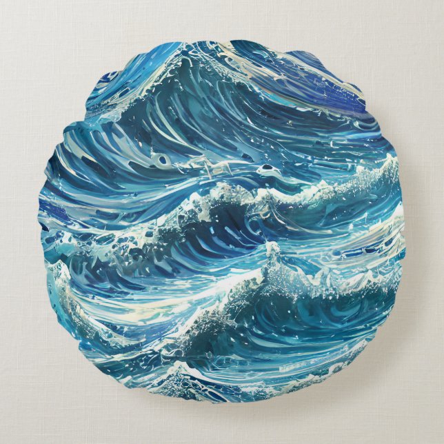 Blue Ocean Waves Round Cushion (Front)